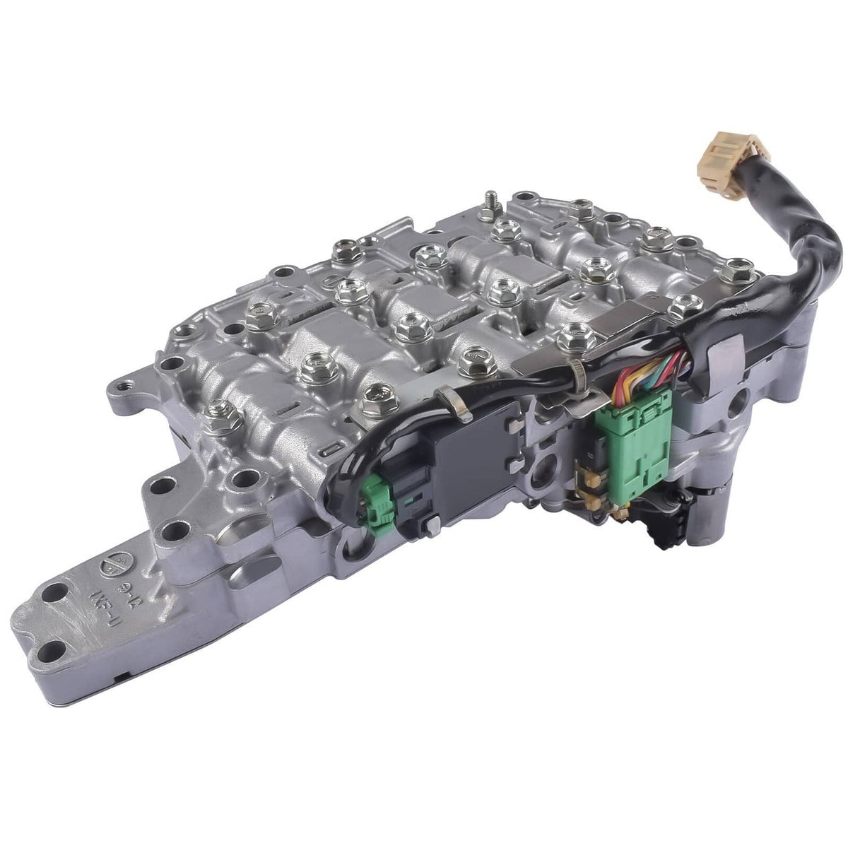 CVT valve body with stepper motor, metal housing with green connectors and wiring