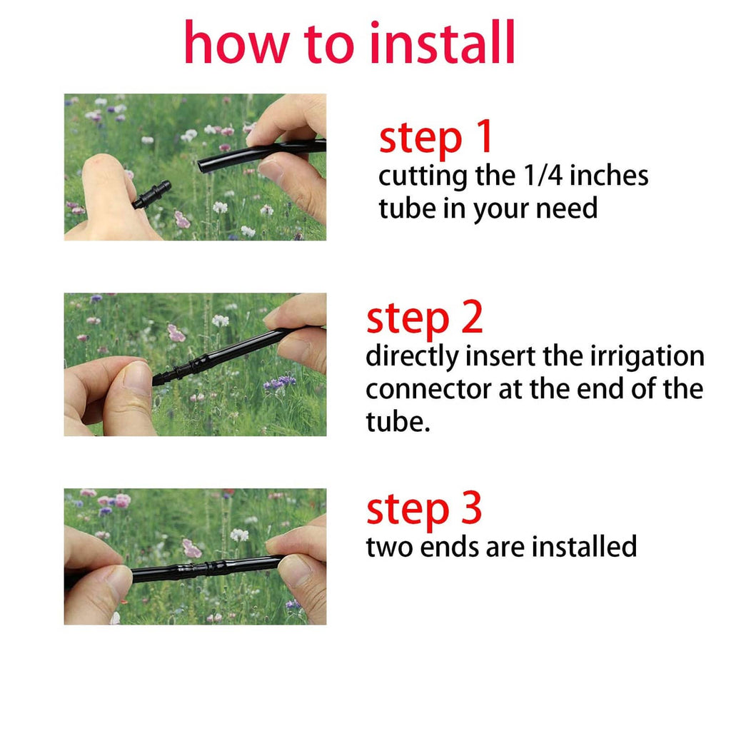 Black barbed irrigation connector joining two tubes, showing installation steps