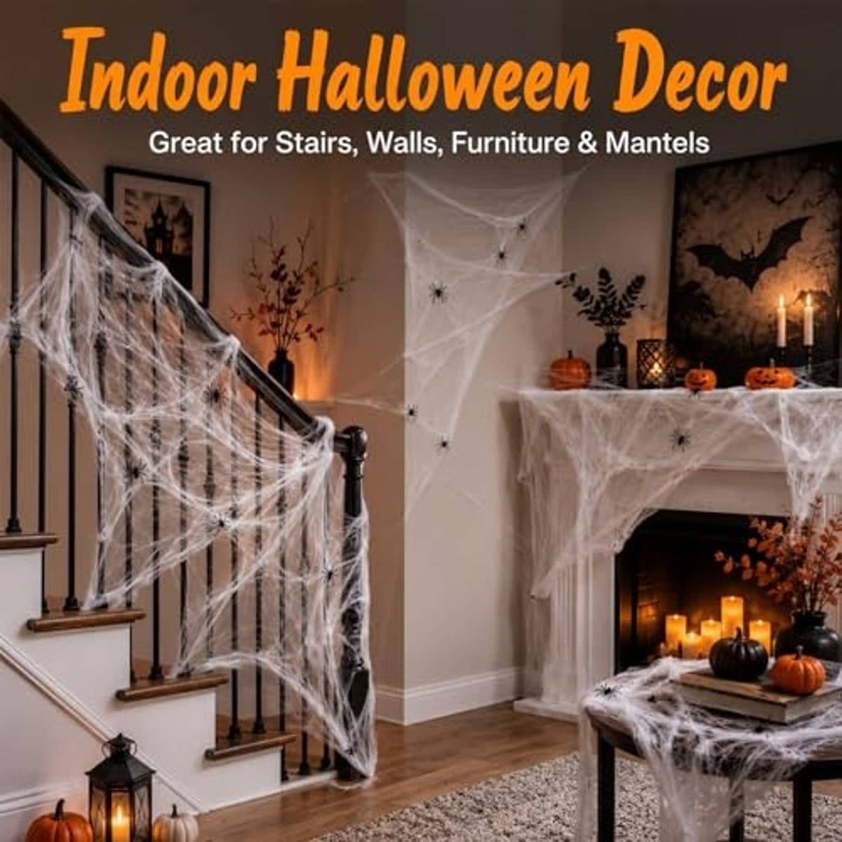White spider web decor with black spiders, hanging on staircase and mantel area
