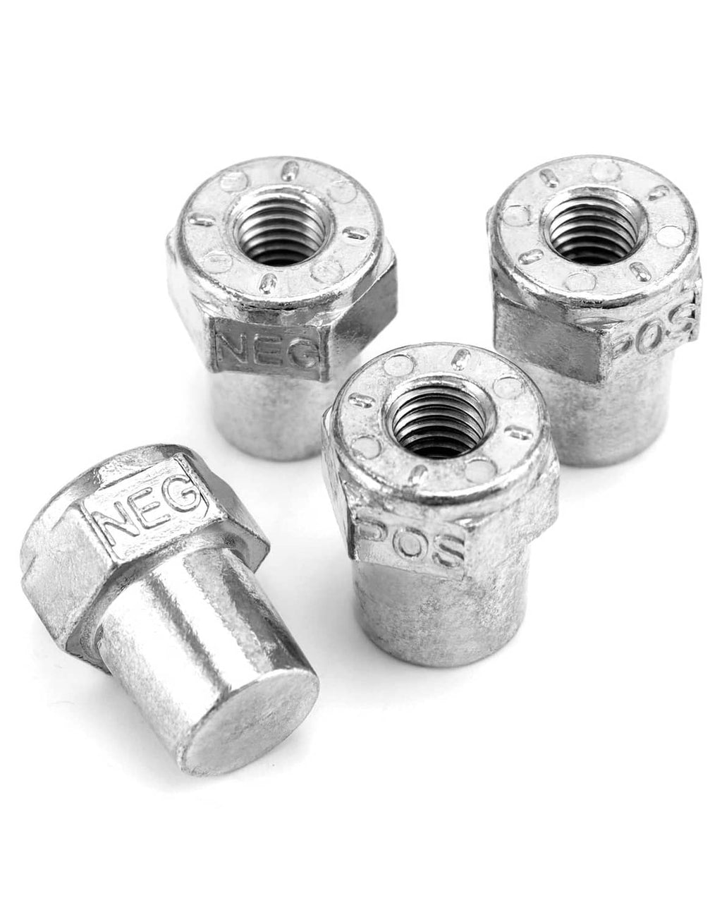 Zinc alloy battery terminal set with POS/NEG markings, mixed nut and post pieces.