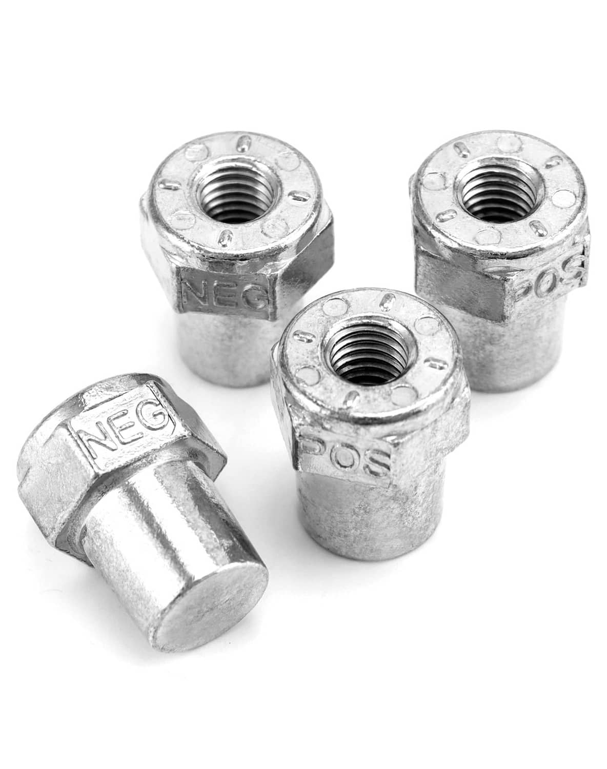 Zinc alloy battery terminal set with POS/NEG markings, mixed nut and post pieces.
