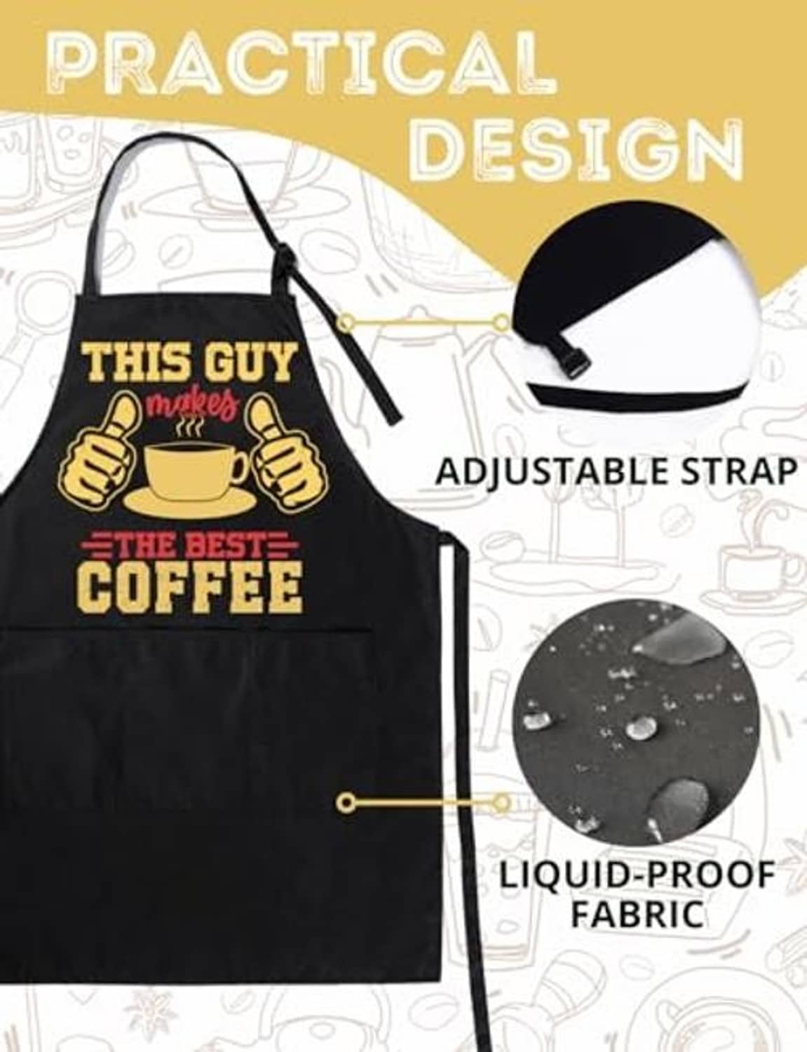 Black liquid-proof coffee apron with adjustable strap and “THIS GUY makes the best coffee”