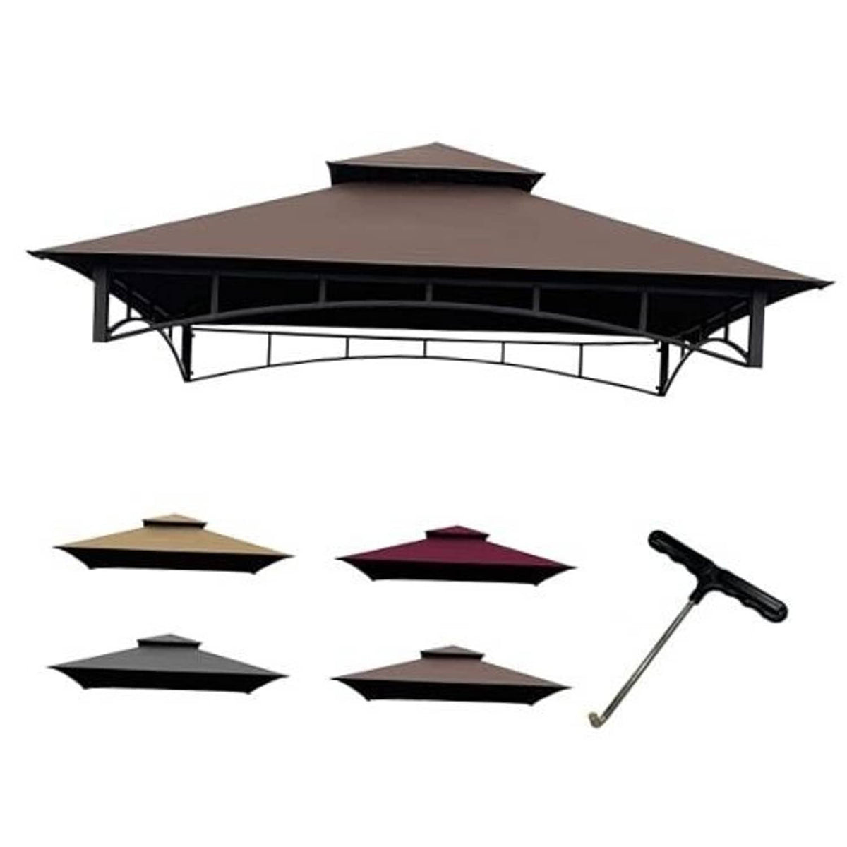 Brown gazebo BBQ canopy top with dark steel frame and arched support crossbars