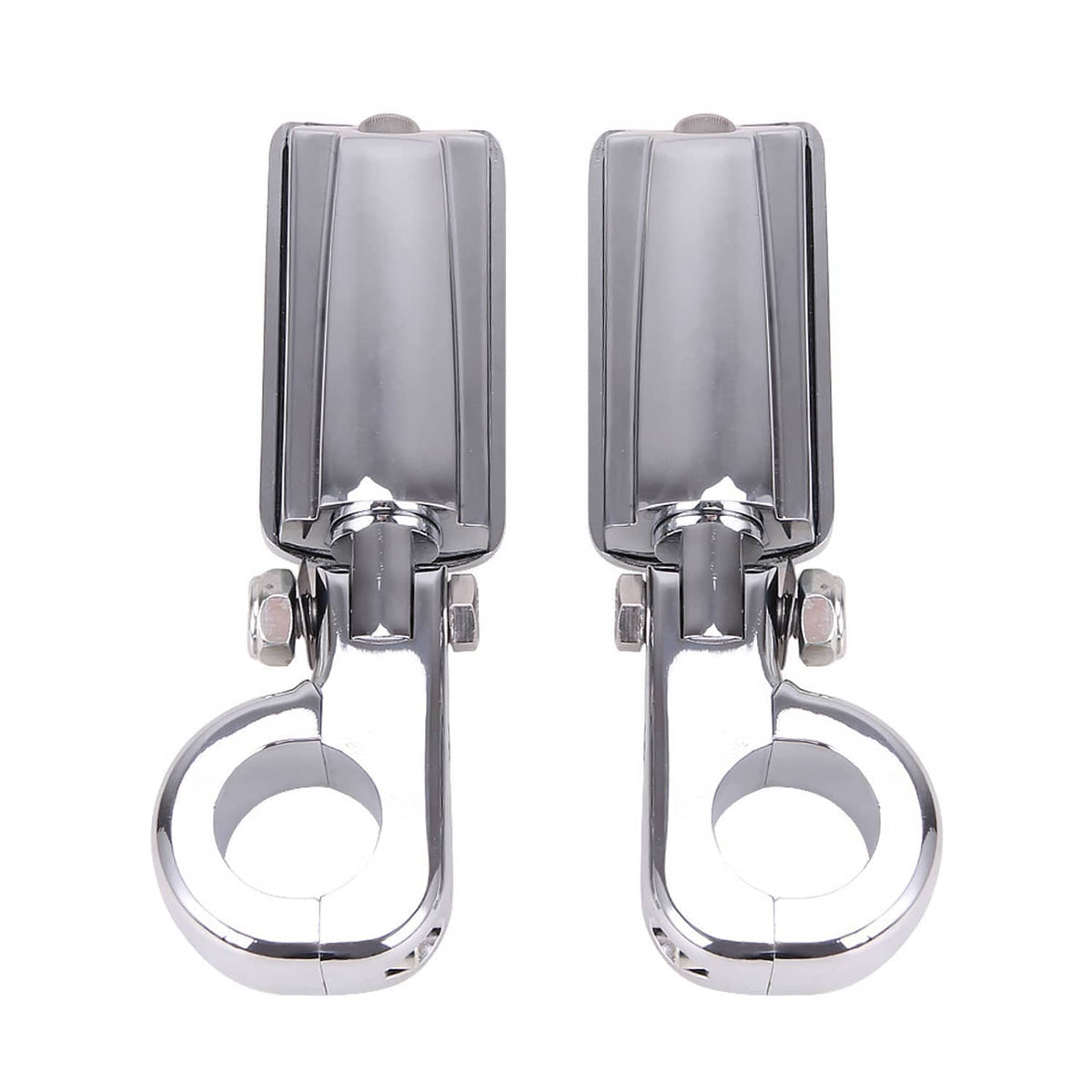 Rear view of chrome crash bar footpegs with black tread pads and round mounting rings