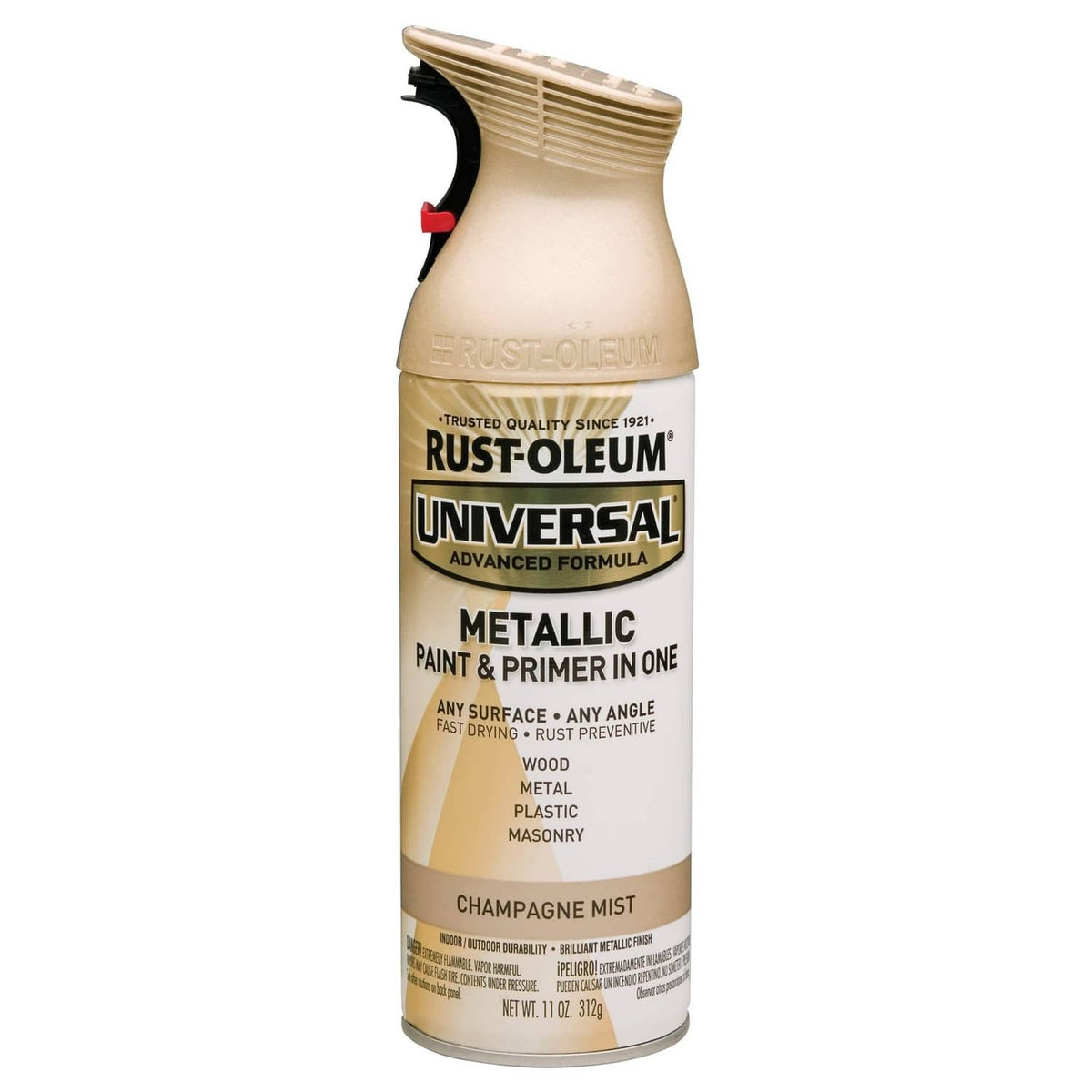 Rust-Oleum Universal metallic spray paint can, Champagne Mist finish, with trigger nozzle