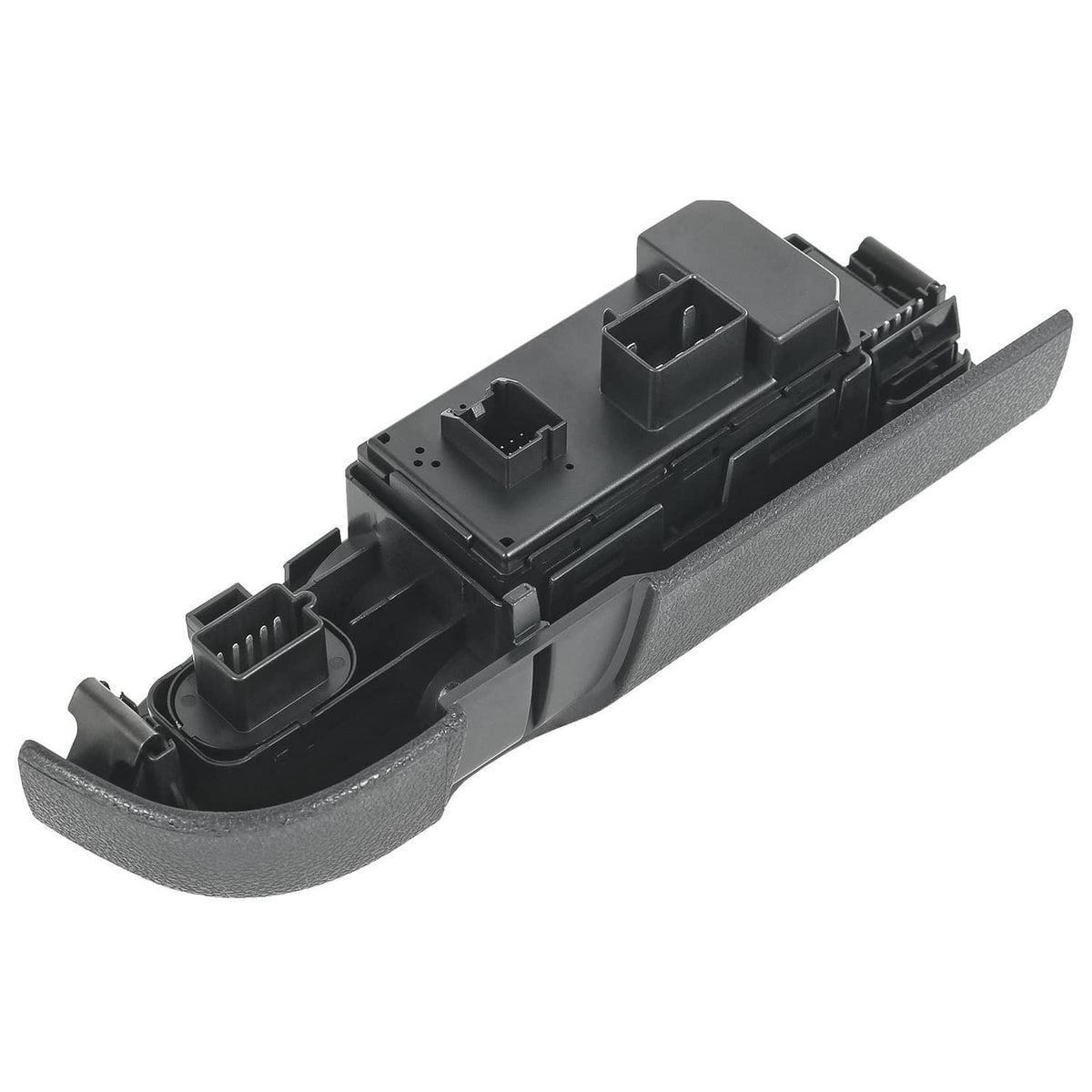 Power window switch with black bezel, back-side housing and electrical terminals