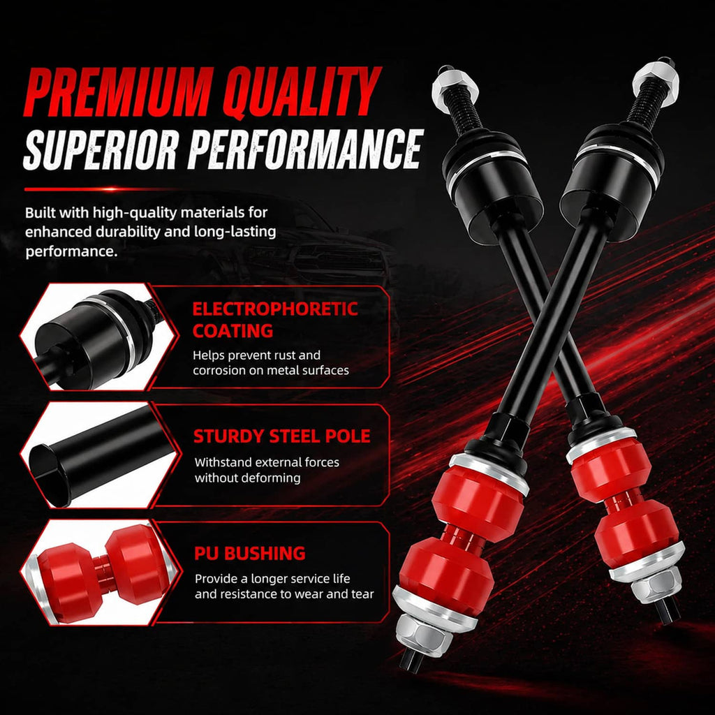 Front stabilizer link with black pole and red bushings, plus black end bushings
