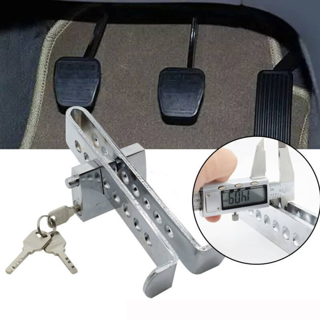 Metal car pedal security lock with textured foot plates and attached keyring