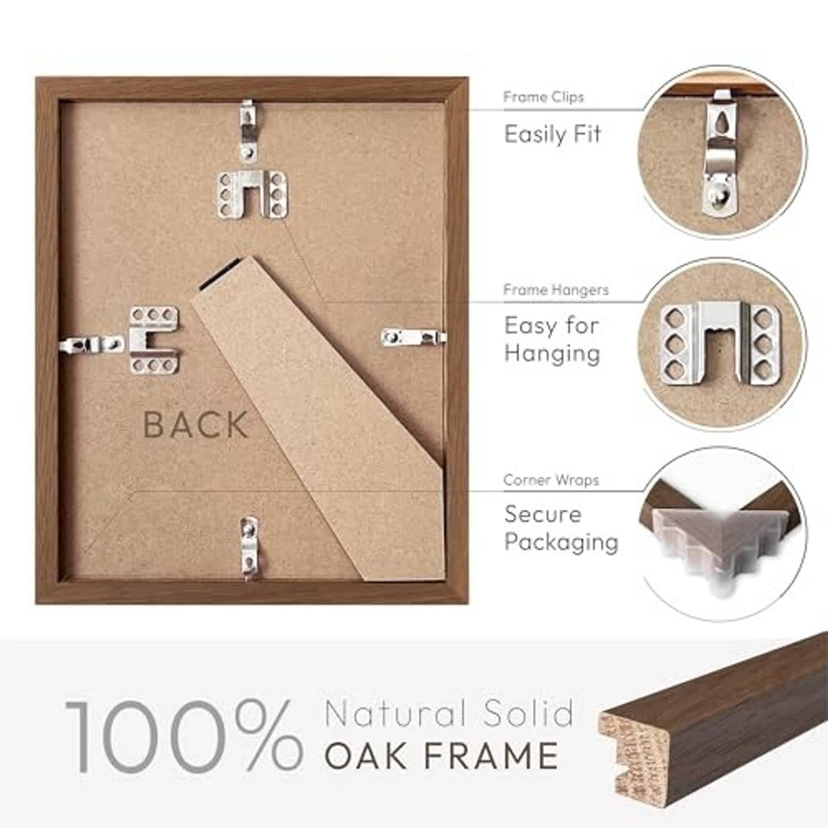 Walnut oak 5x7 photo frame back with clips, hangers, and corner wraps