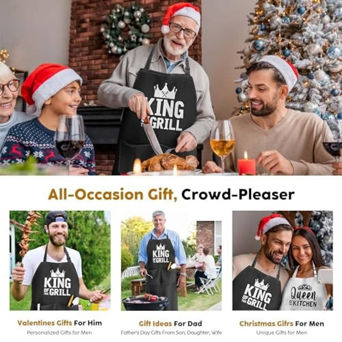 Black 'King of the Grill' apron worn while grilling at a family gathering
