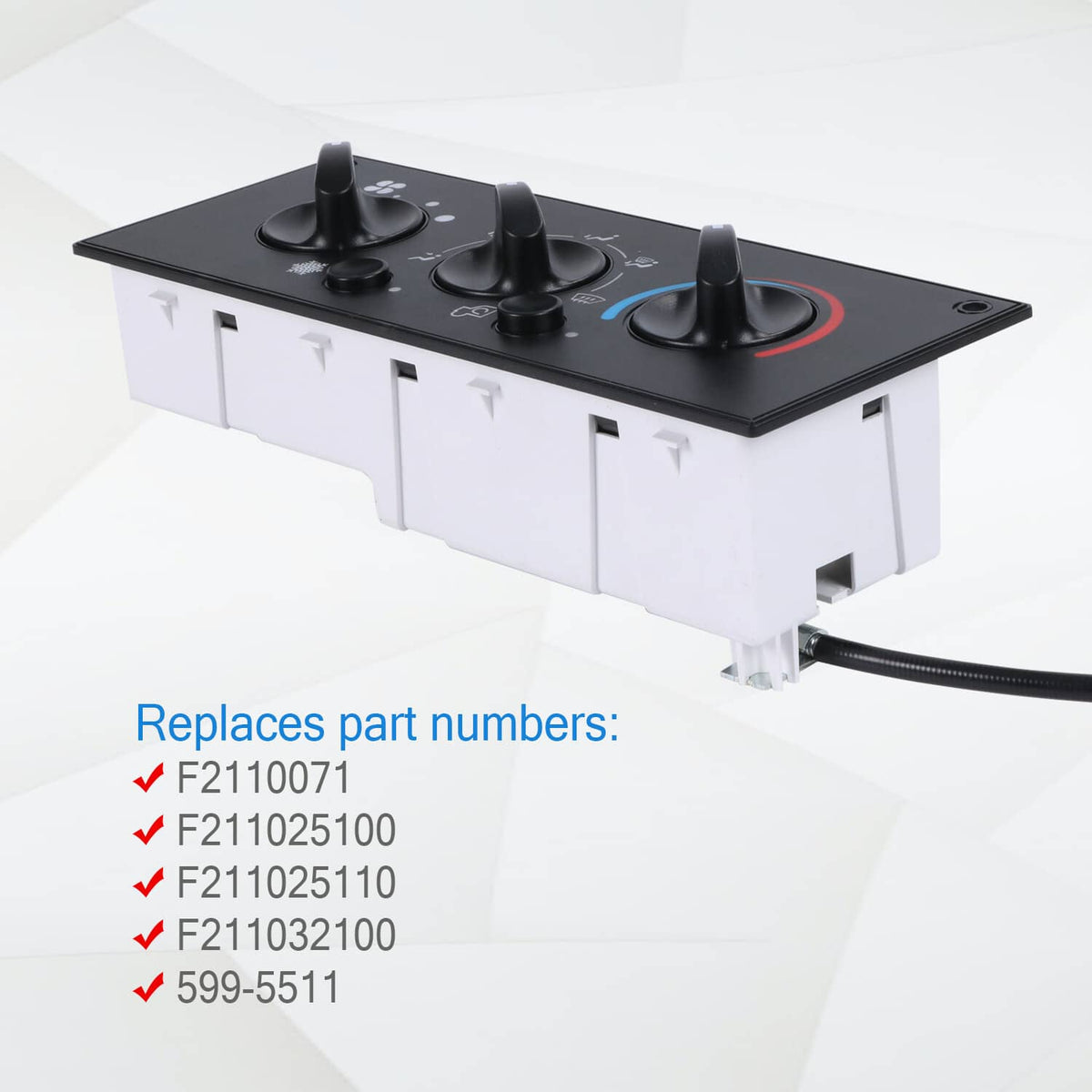 White and black climate control module with three knobs and electrical connector ports