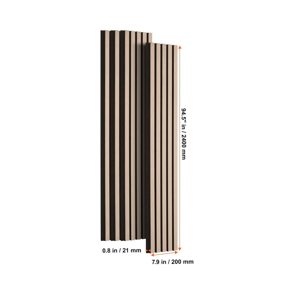 Wood slat acoustic panel corner view; slim silver and dark slats