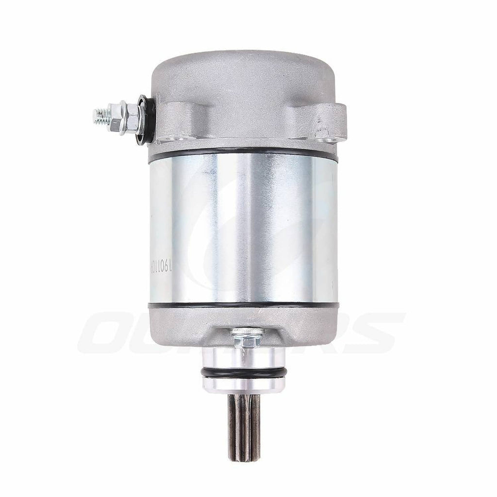 Starter motor cylinder with mounting plate and protruding drive shaft, metallic silver
