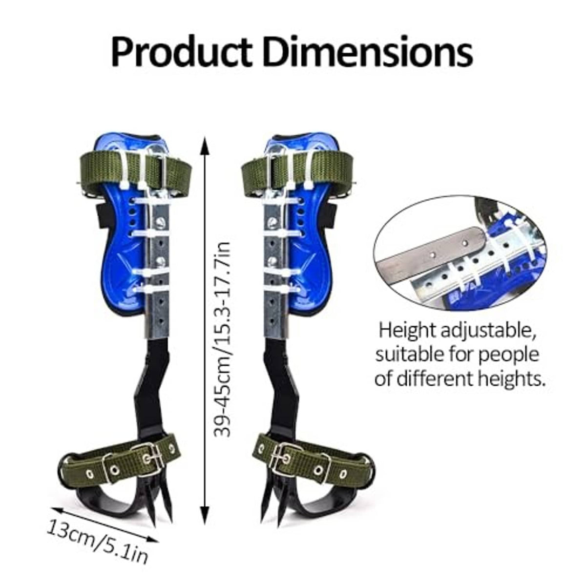 Blue leg-mounted tree climbing spikes with green straps and metal adjustment bars