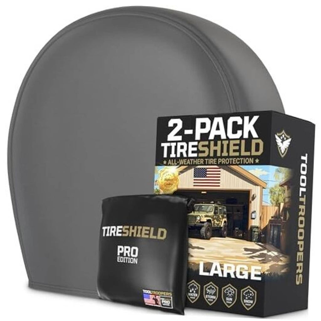 Gray large tire cover 2-pack with black PRO edition bags, shown with product boxes