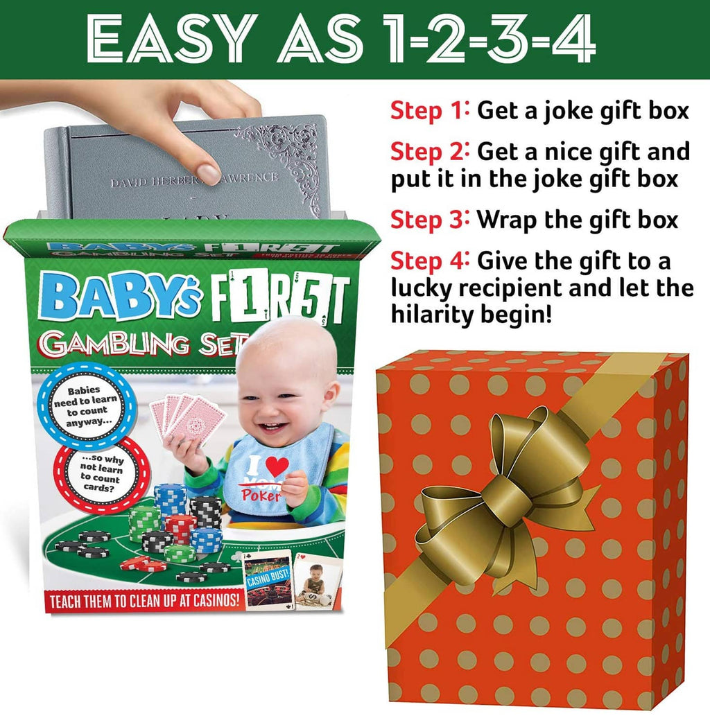 Multicolor prank gift box with steps for filling, baby photo, and wrapped gift