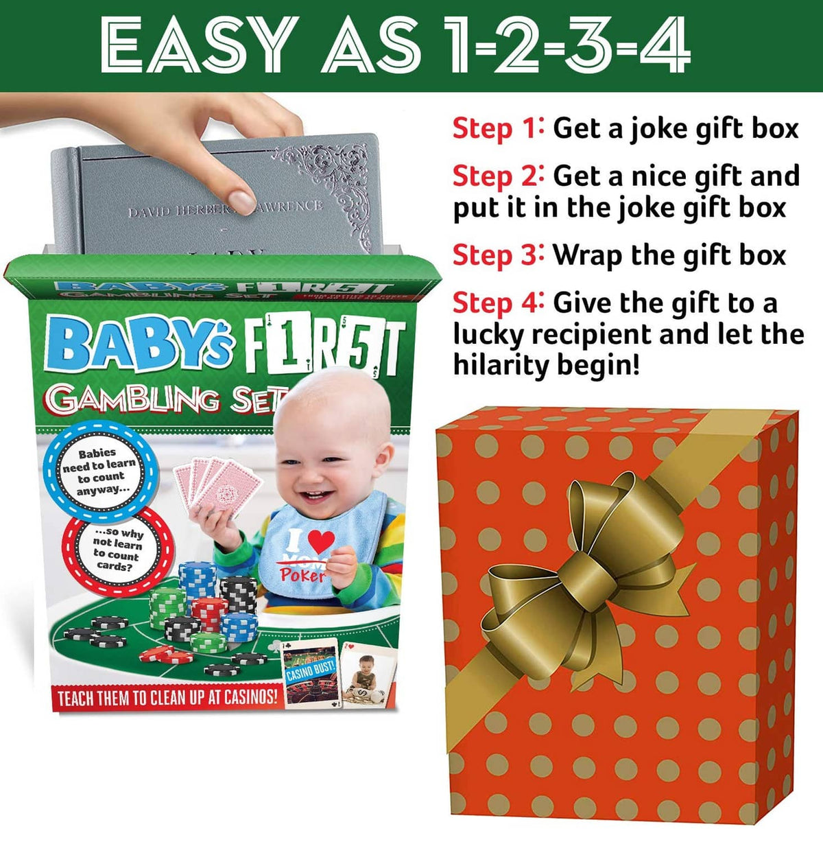 Multicolor prank gift box with steps for filling, baby photo, and wrapped gift