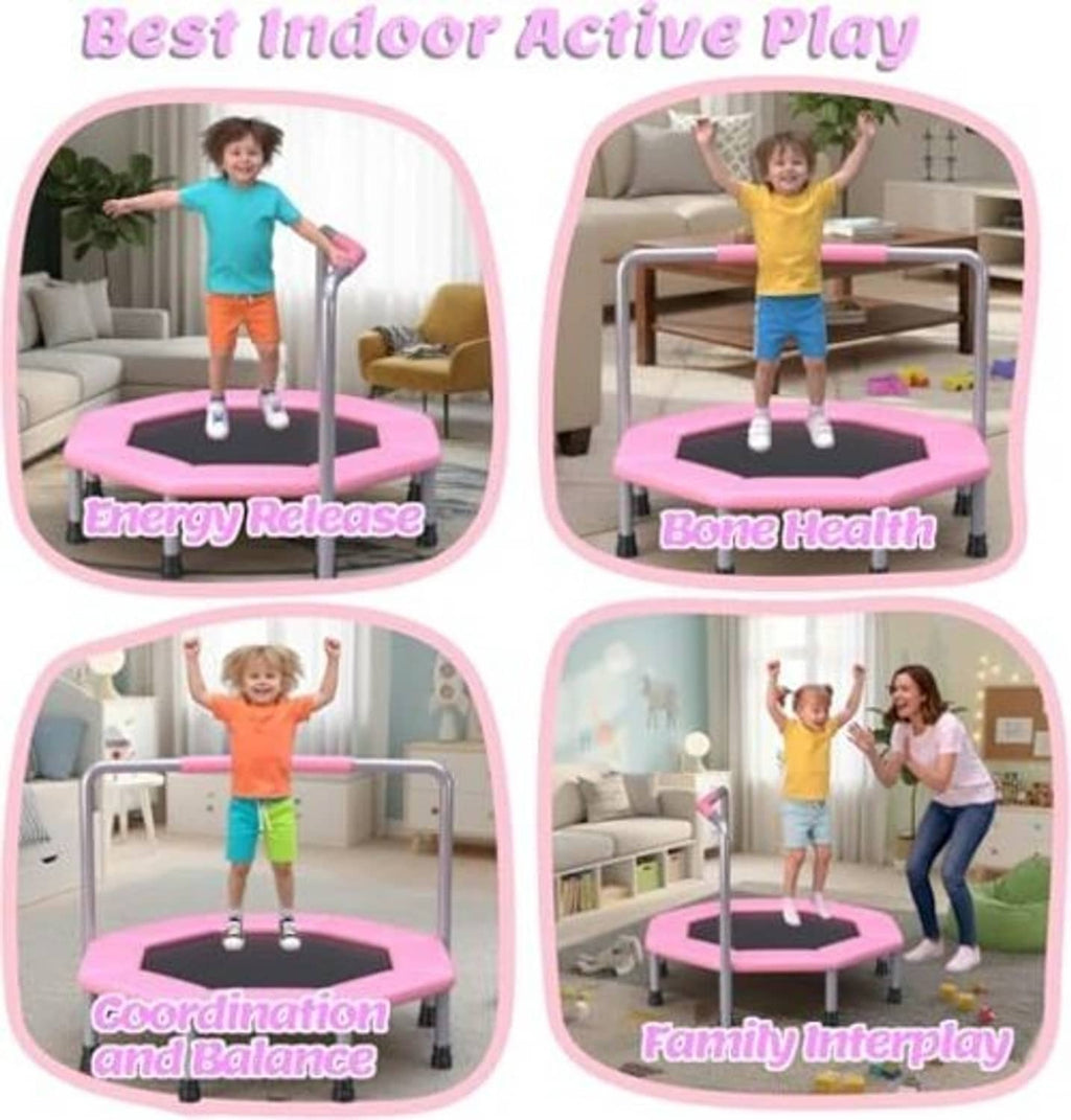 Pink mini trampoline with black octagon bounce mat, shown with kids playing indoors