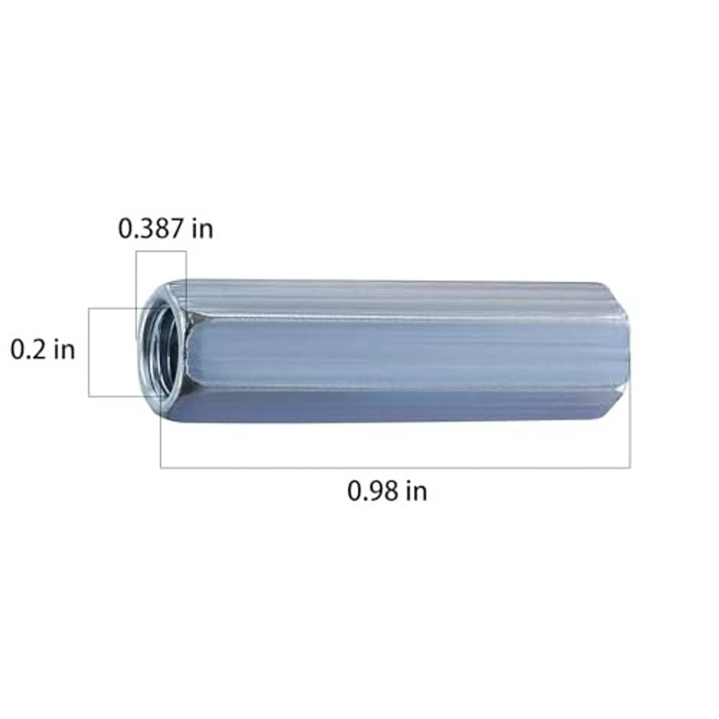 Extended hex coupling nut for 1/4-20 rod, zinc-plated steel; size in inches