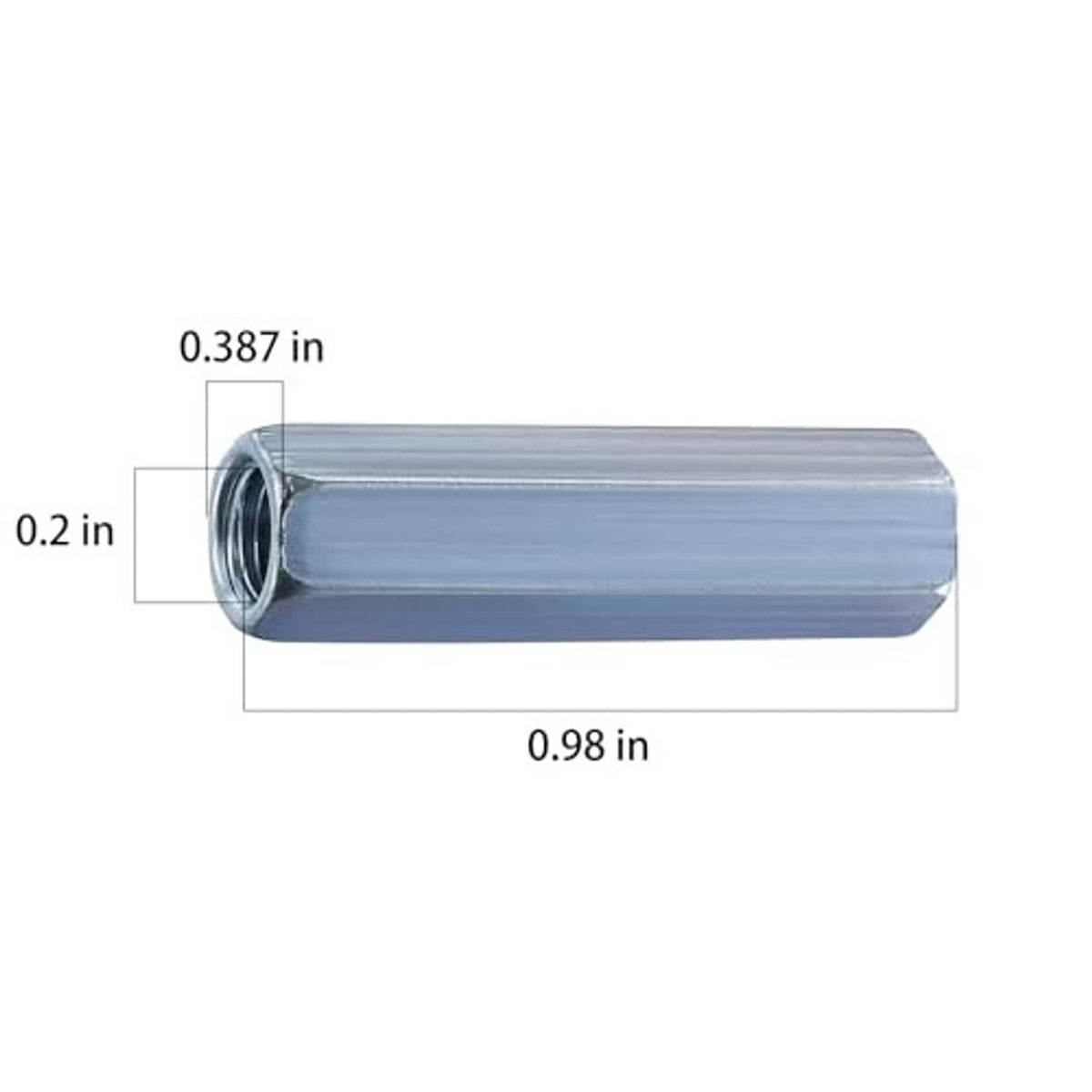 Extended hex coupling nut for 1/4-20 rod, zinc-plated steel; size in inches