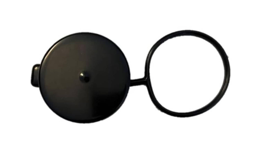 Capless fuel filler dirt cover with tether ring, matte black round cap