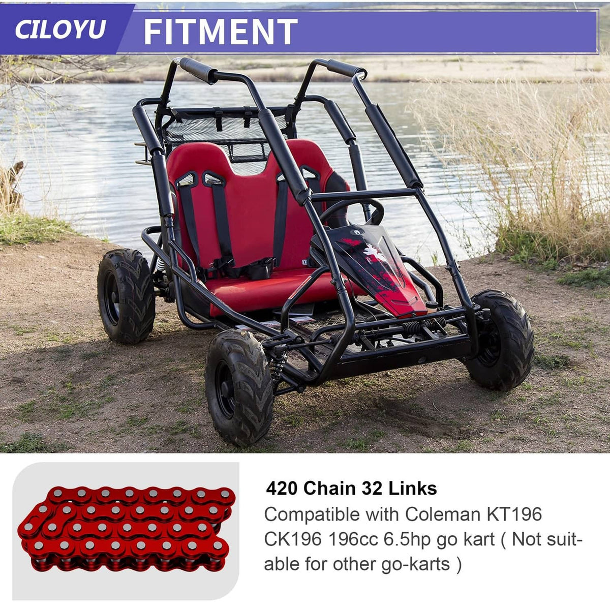 Red 420 chain, 32 links, shown on a go-kart package with compatibility text