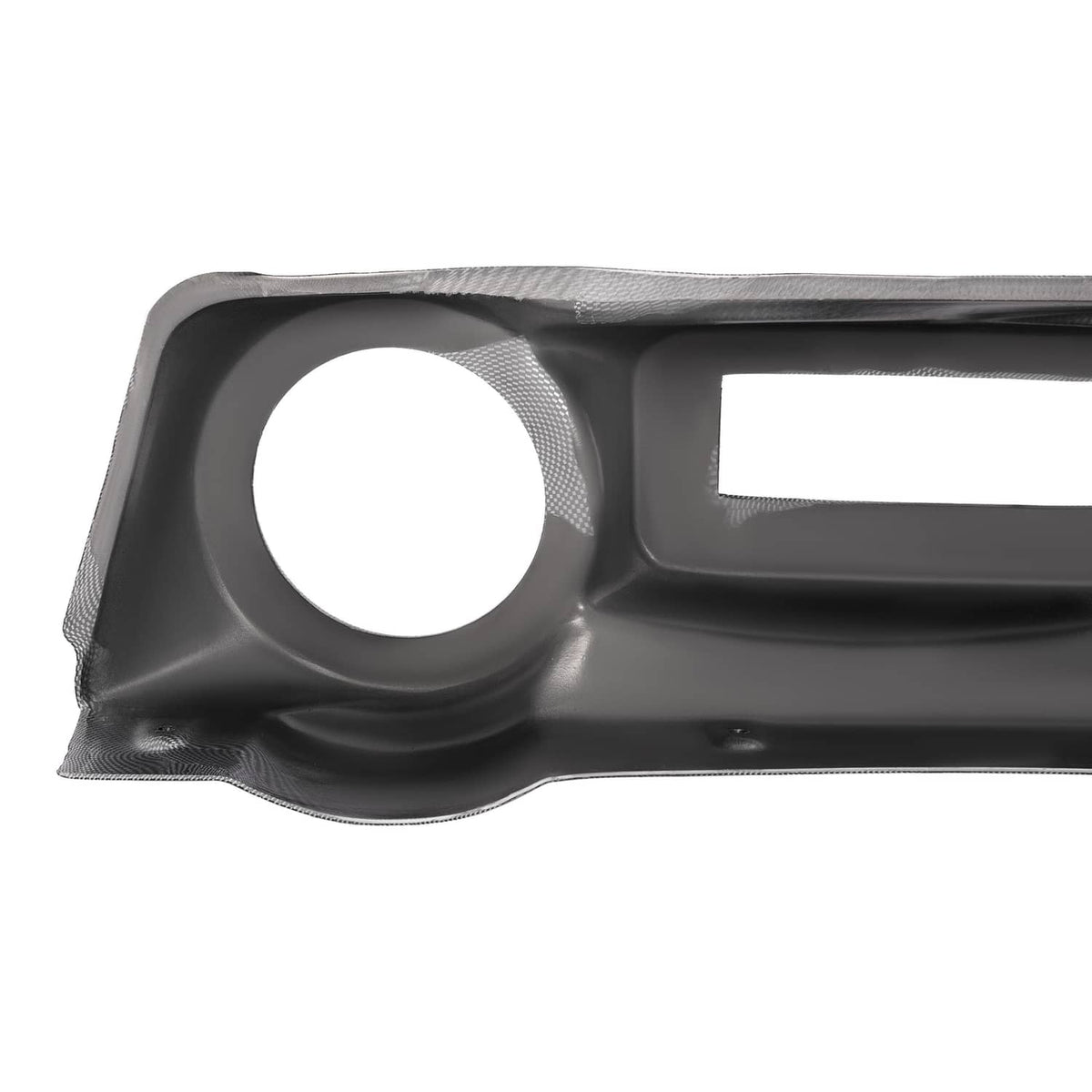 Golf cart dashboard cover side detail, carbon fiber style black with large round cutout