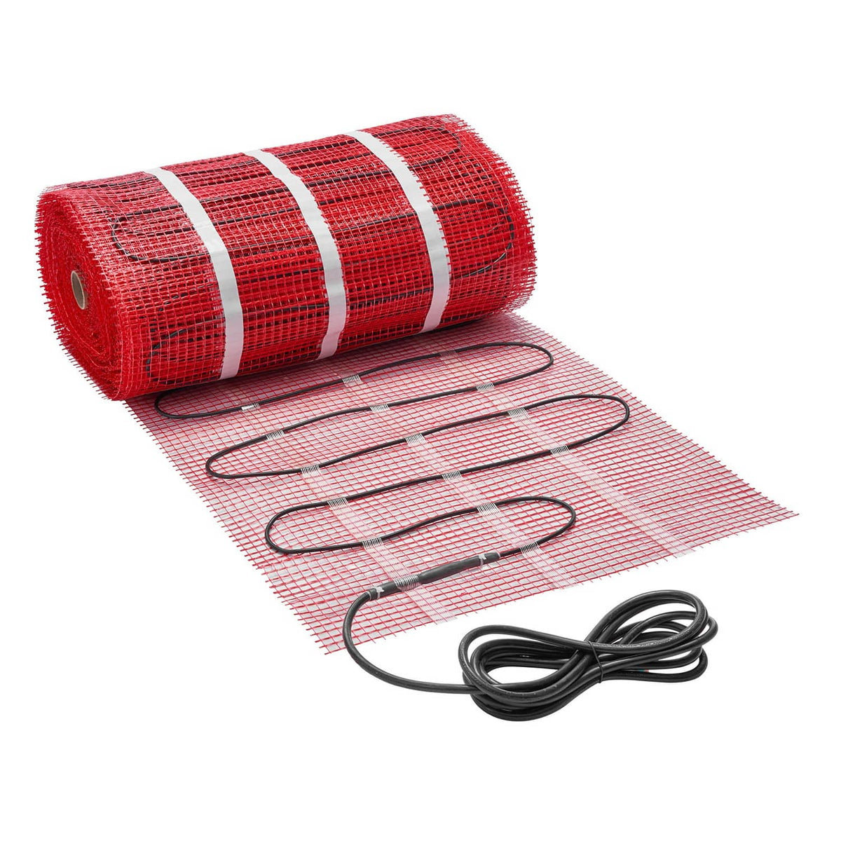 Red self-adhesive floor heating mat with wire lines, rolled mesh, and black cable