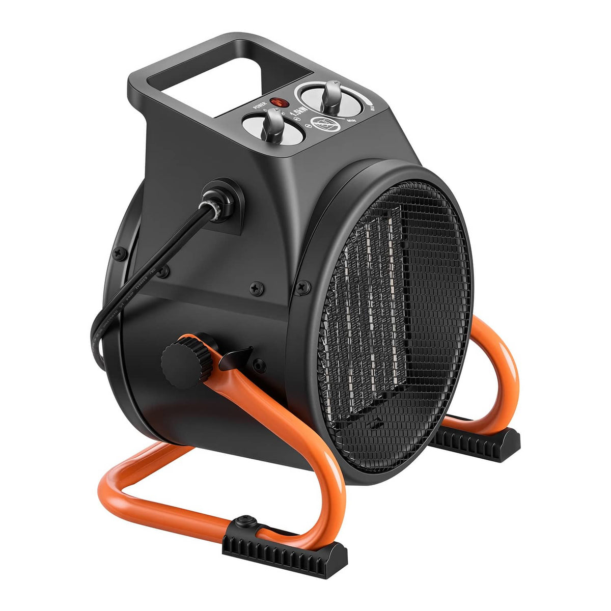 Electric PTC greenhouse heater with black fan grille, orange handle stand and dial controls