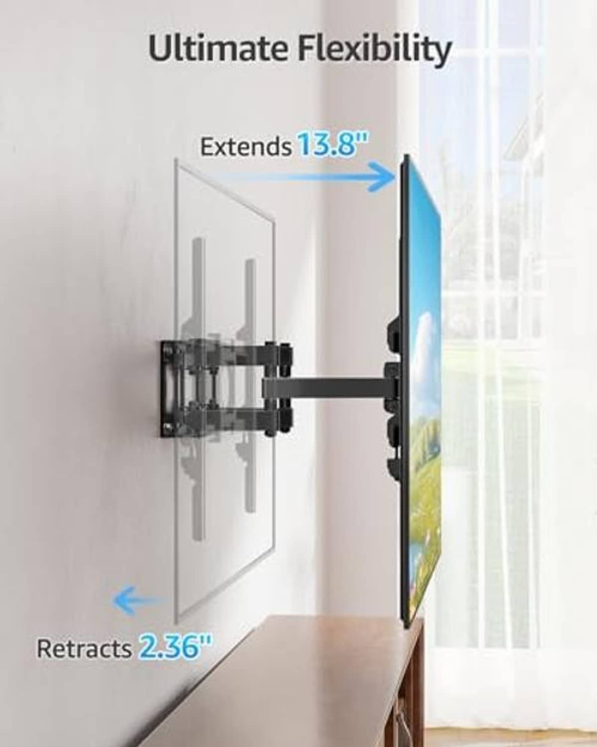 Extending full-motion TV wall mount with retractable arm range, black metal bracket