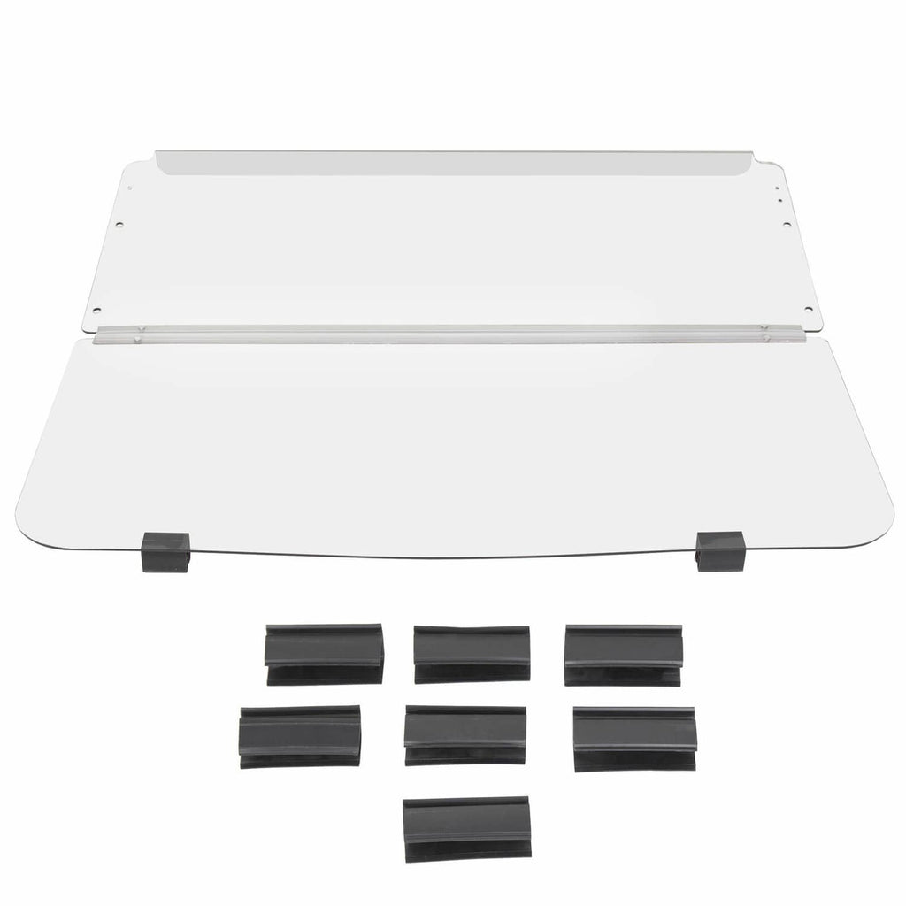 Clear folding windshield kit with black mounting clips and aluminum rails