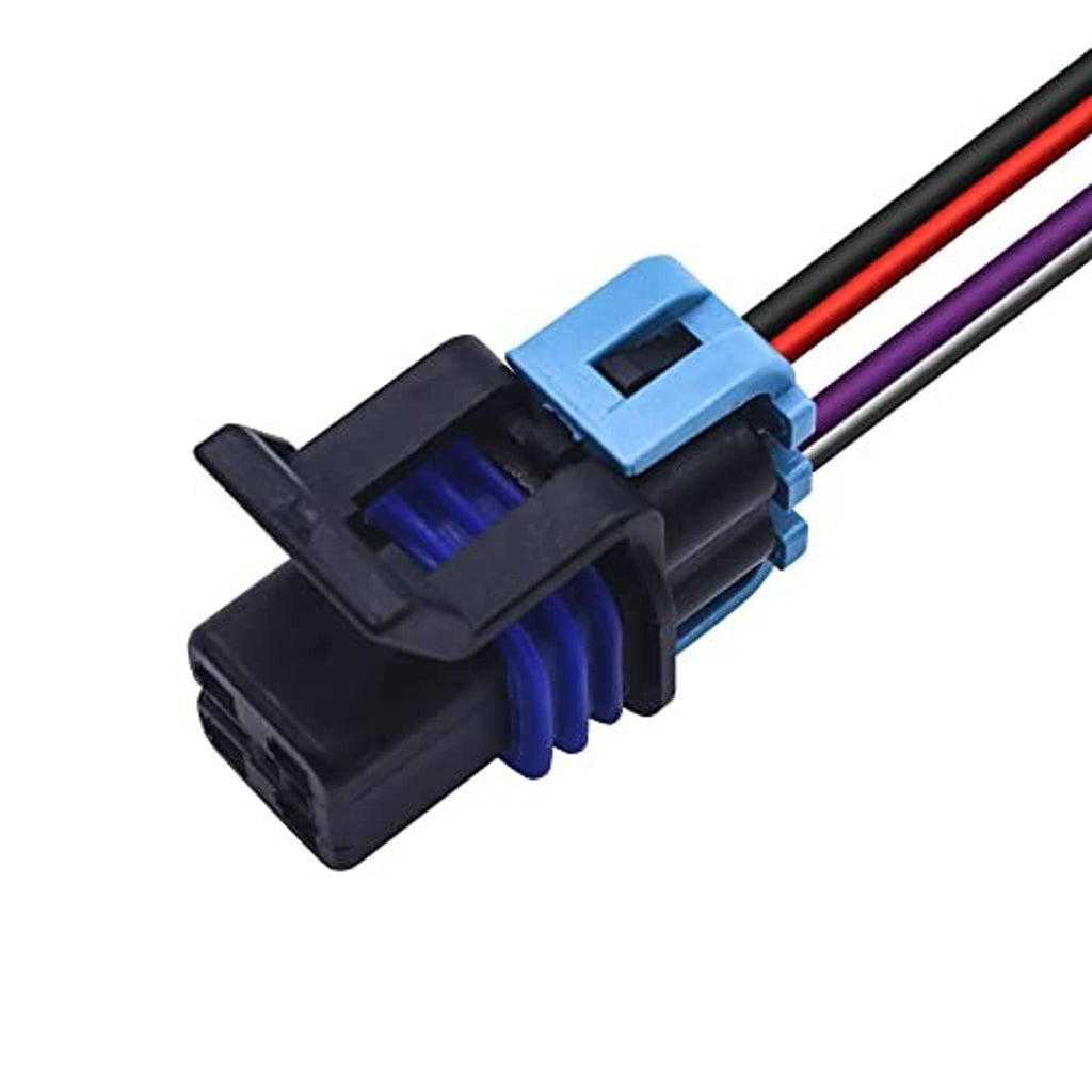 Inline electrical connector with blue latch and multicolor wires entering black housing