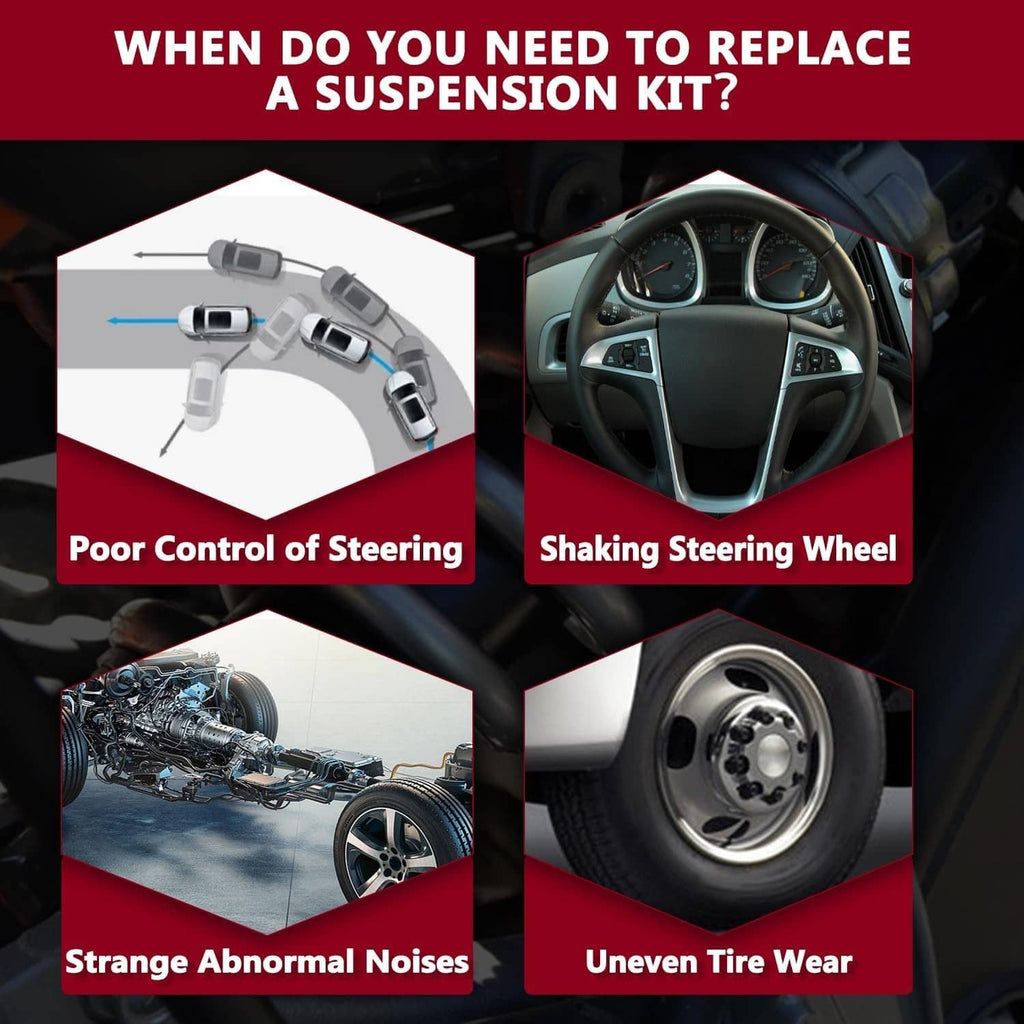 Graphic about when to replace a suspension kit with steering and tire icons