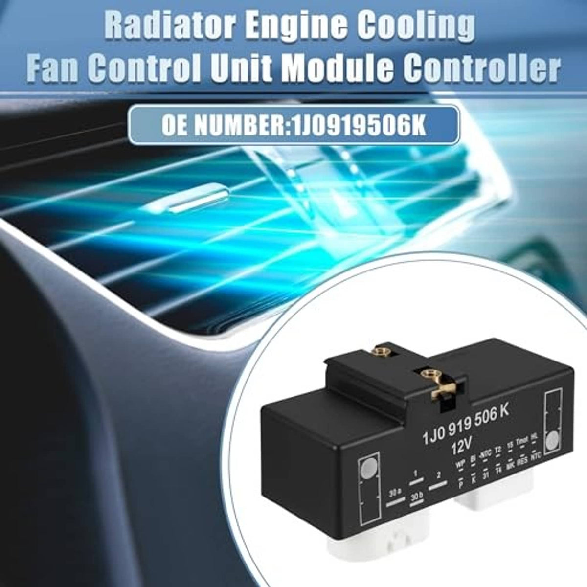 Black radiator fan control module with visible OE label and two brass terminal posts