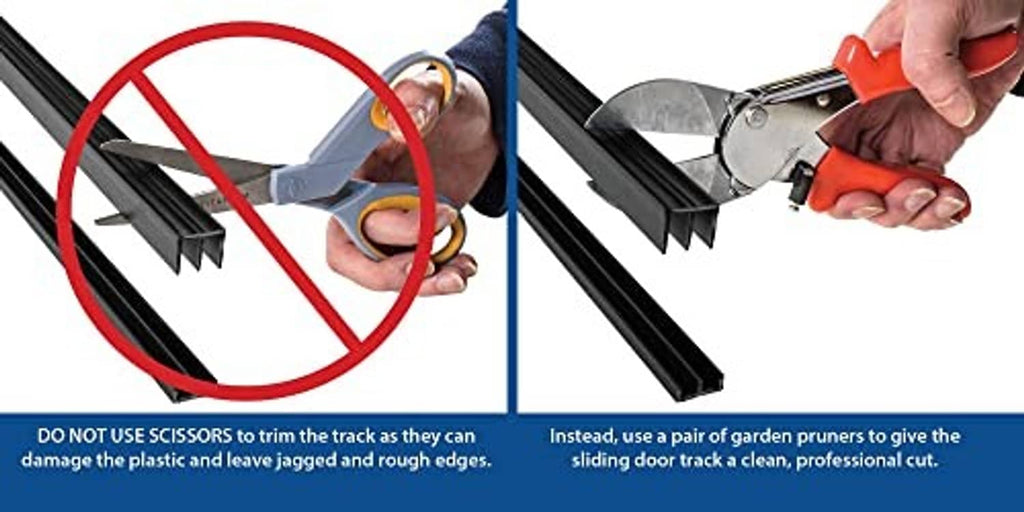 Black plastic track installation guide showing trimming to avoid scissors