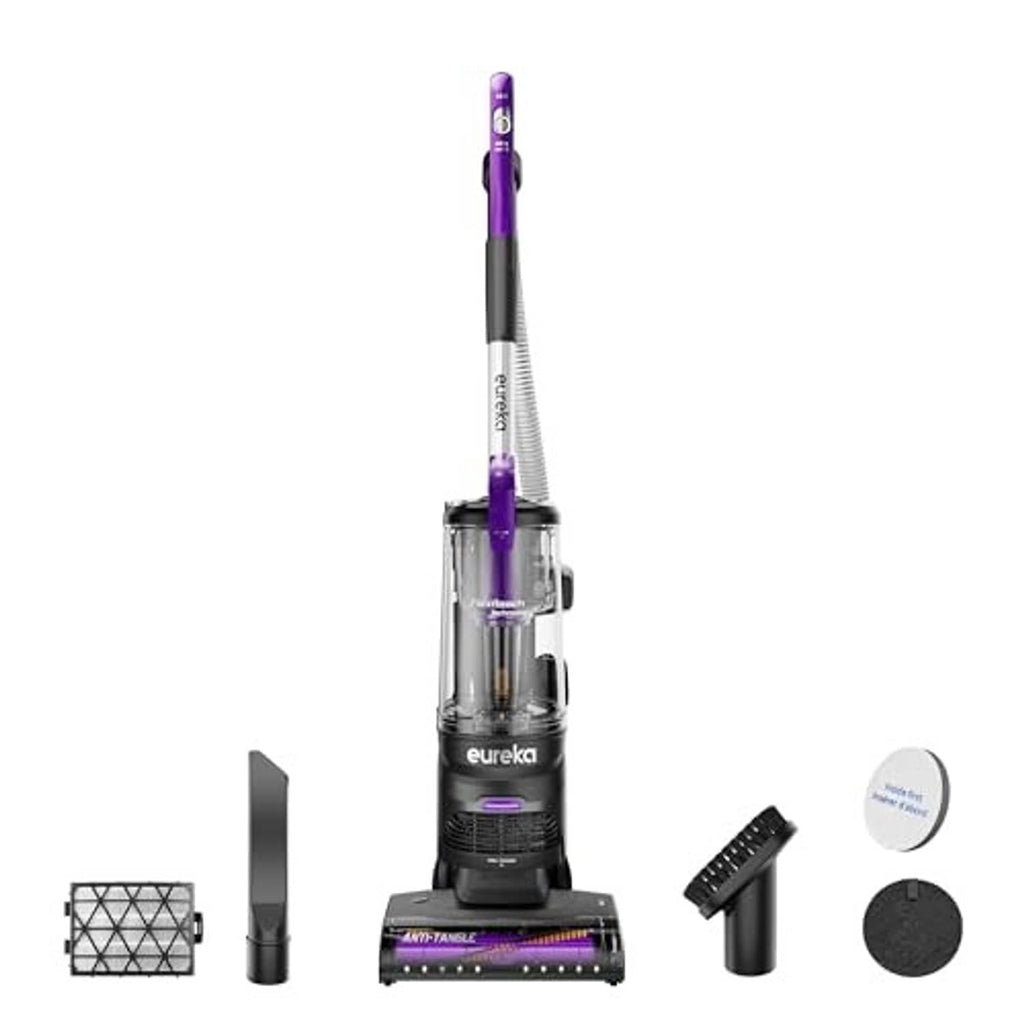 Upright vacuum cleaner with purple clear dust bin and illuminated floor nozzle