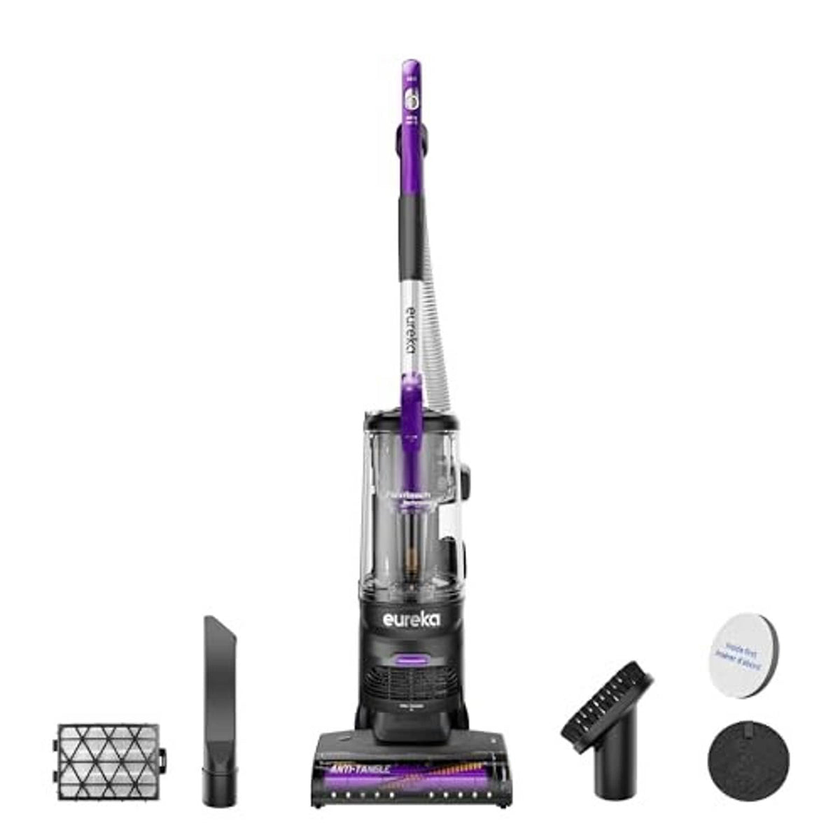 Upright vacuum cleaner with purple clear dust bin and illuminated floor nozzle