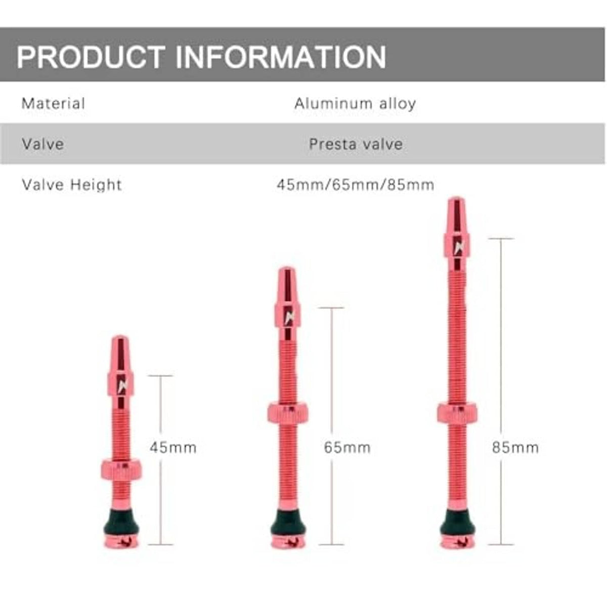 Product chart of red Presta valves with valve heights 45mm, 65mm, 85mm