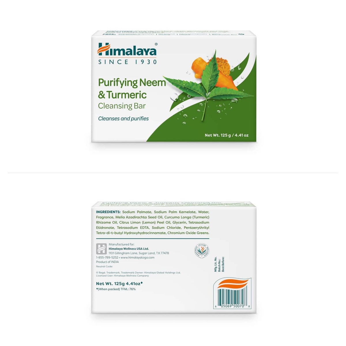 Neem & Turmeric cleansing bar box front with herb and turmeric graphics