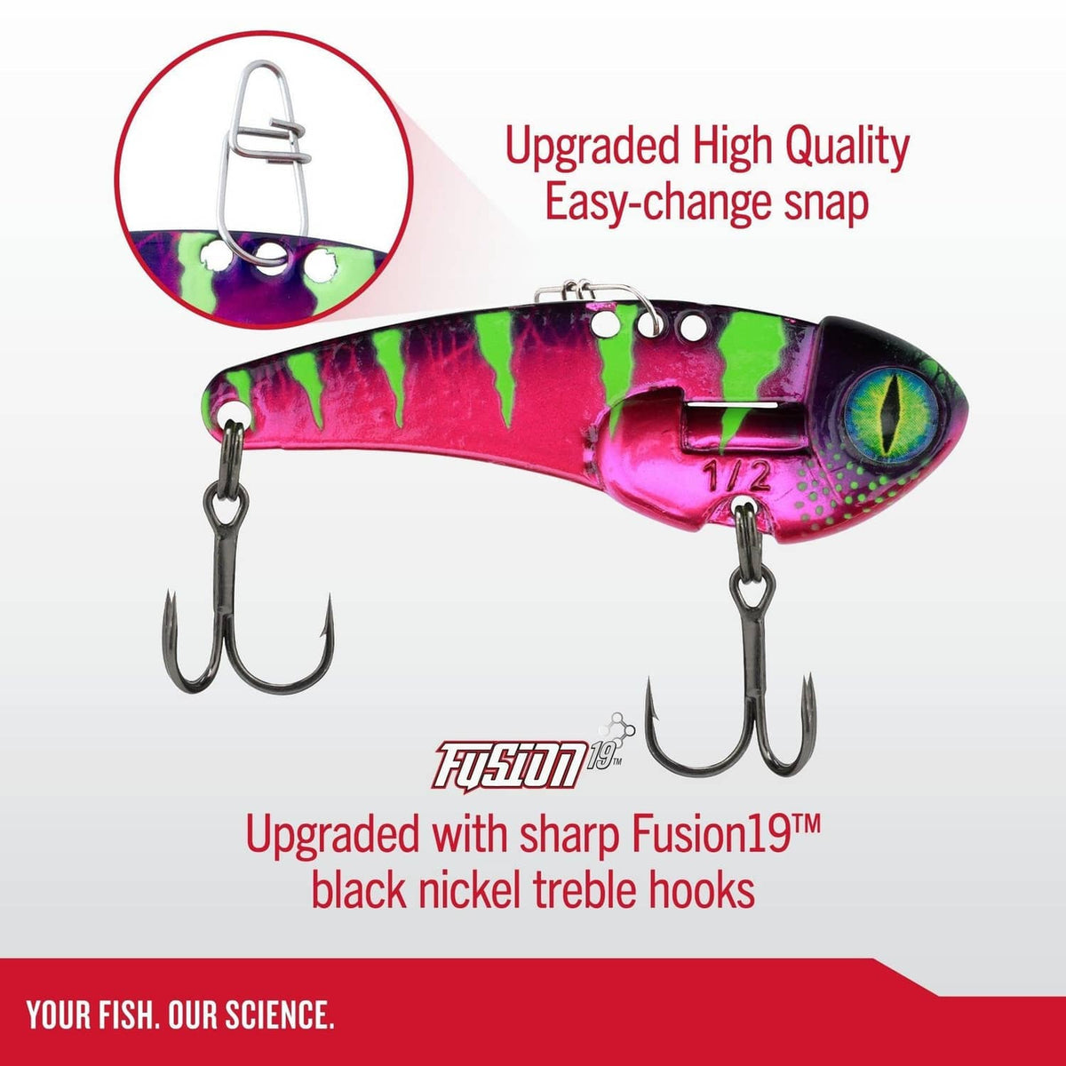 Pink-purple blade bait fishing lure with black treble hooks and split-rings