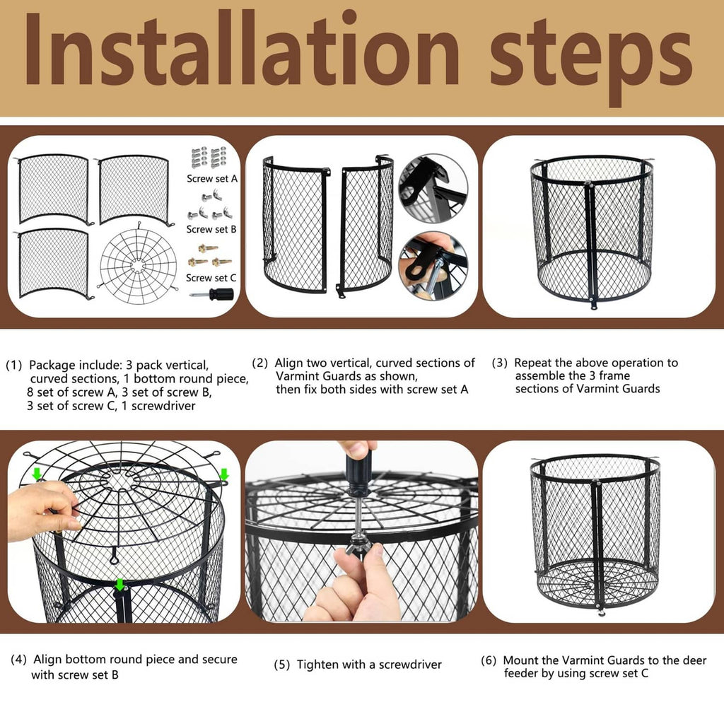 Black wire varmint guard cage with mounting hardware shown for deer feeder hopper
