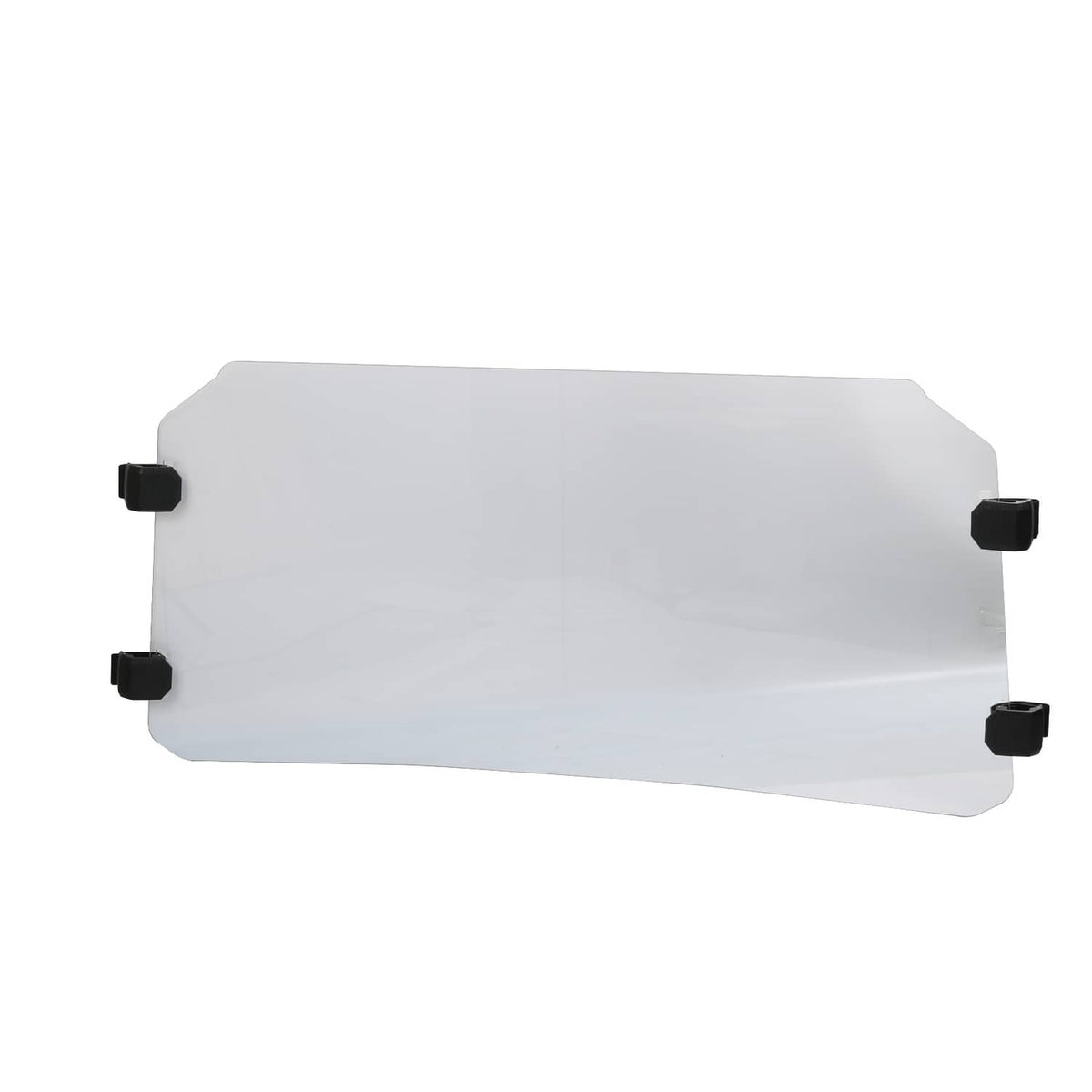 Clear windshield panel with rounded corners and four black mounting brackets