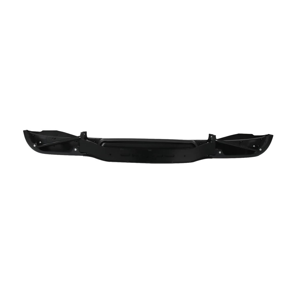 Black rear bumper cover with center opening and side mounting brackets