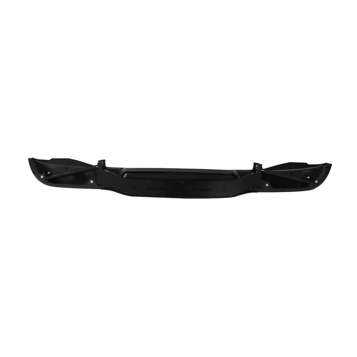 Black rear bumper cover with center opening and side mounting brackets