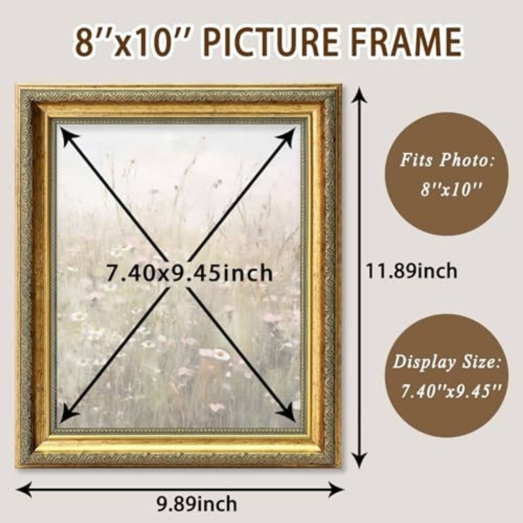 Ornate gold 8x10 picture frame with clear front glass, size layout and display dimensions