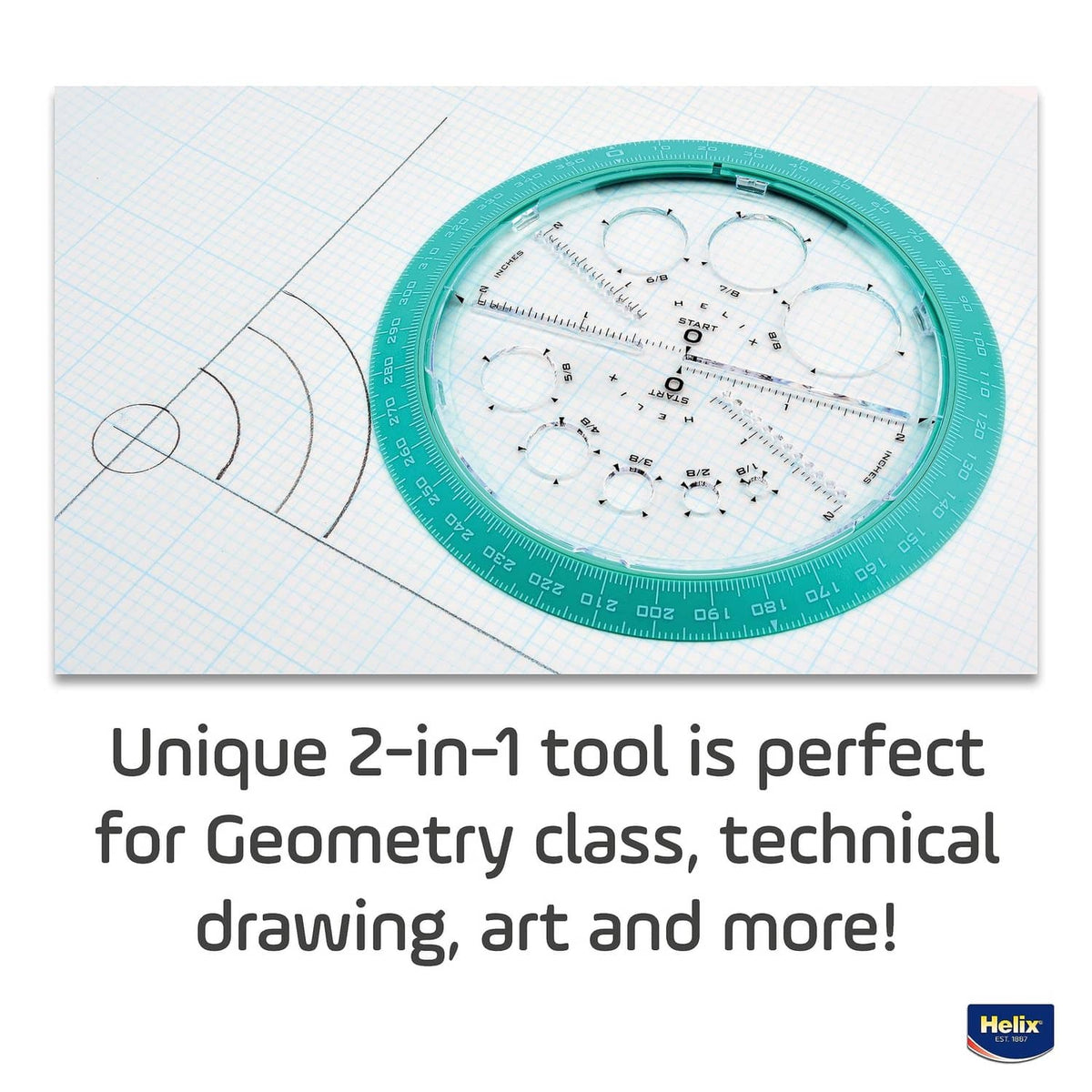 Angle and circle maker with teal protractor ring and white template disc for drawing circles