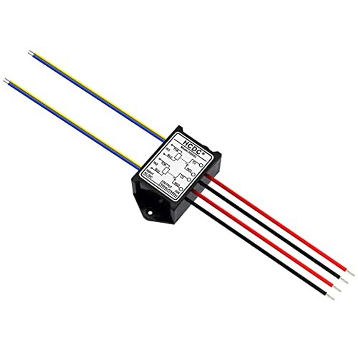 Relay module with four colored leads: blue/yellow and red/black, black plastic housing