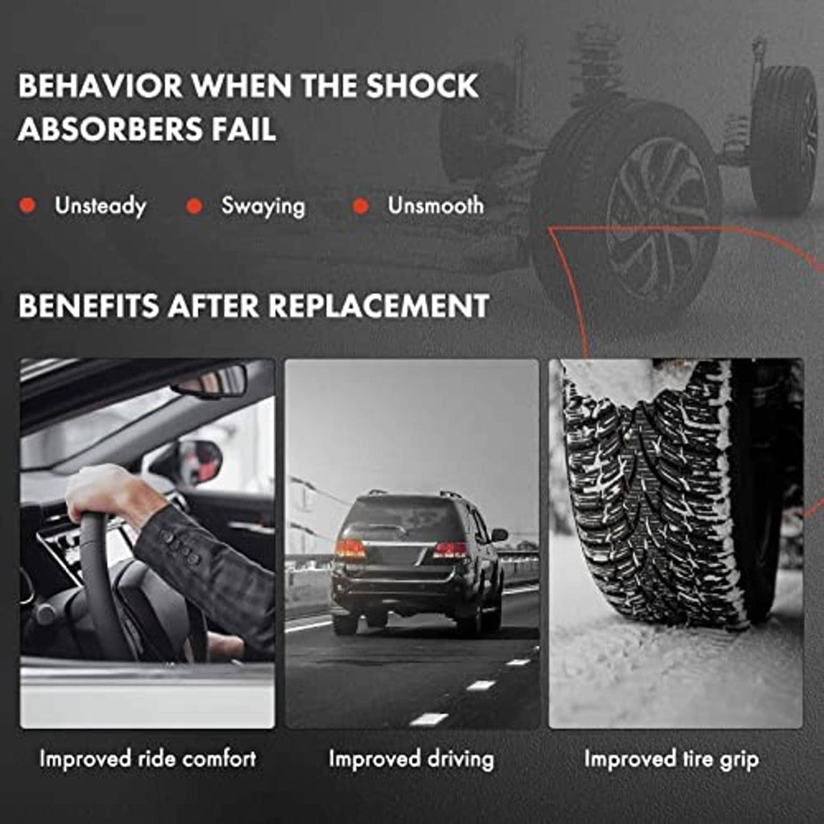Replacement shock absorber for improved ride comfort, driving, and tire grip after failure