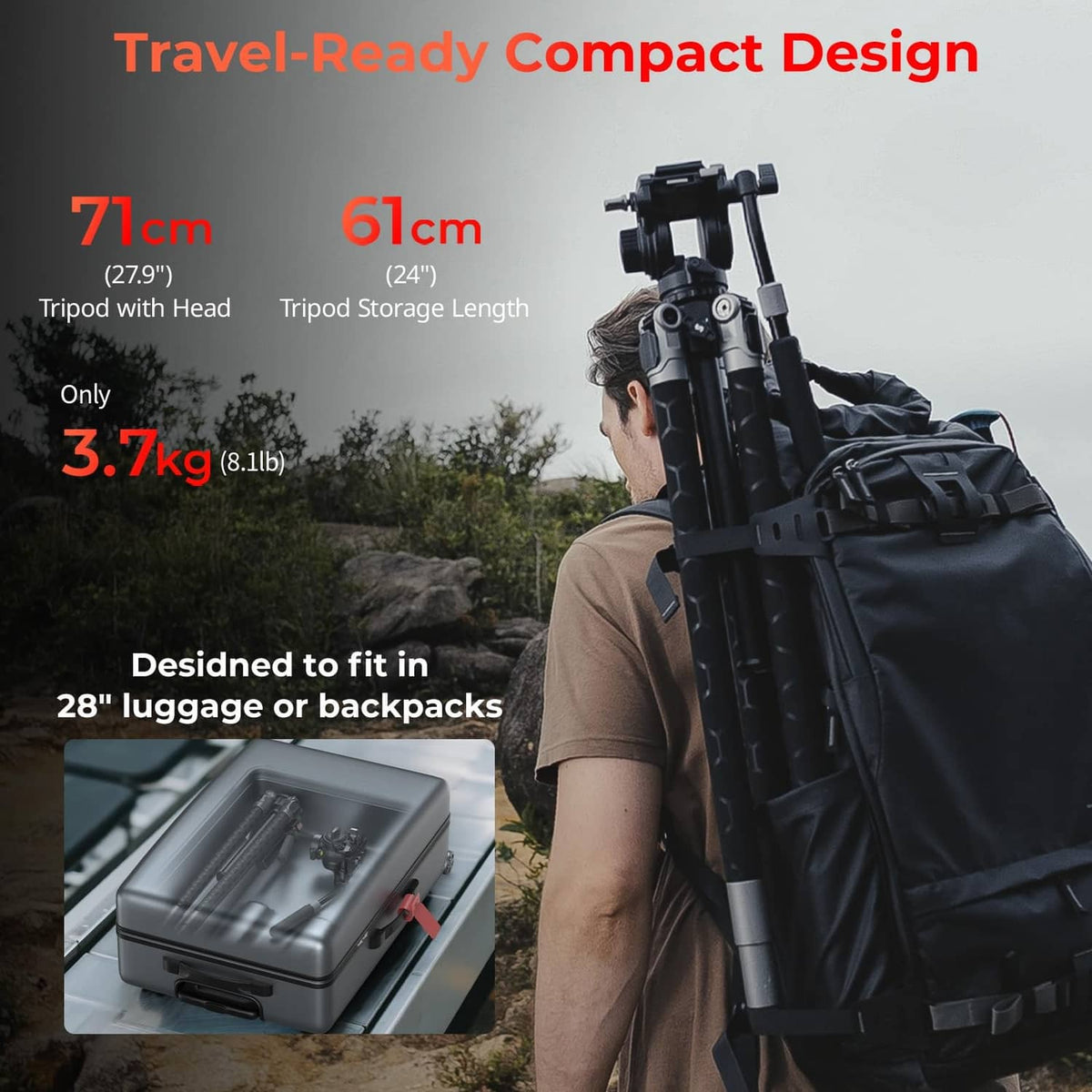 Black tripod with fluid head and folded legs, travel-ready compact design