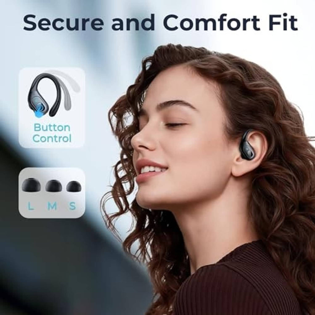 Matte black wireless earbuds in-ear, worn by a person for a comfortable fit